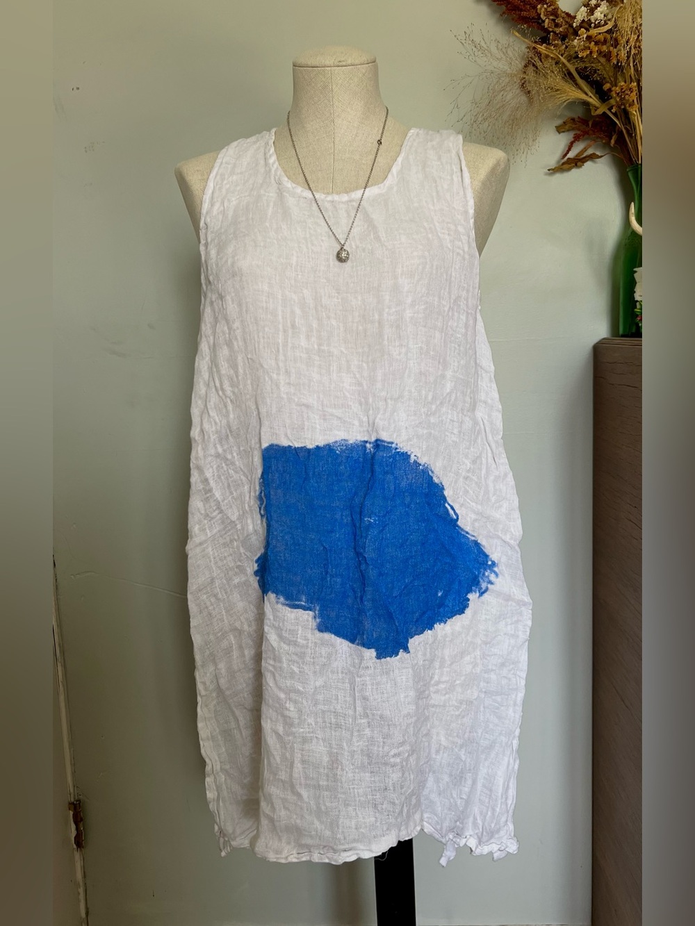 White Linen Tank Dress with Bold Blue Patch